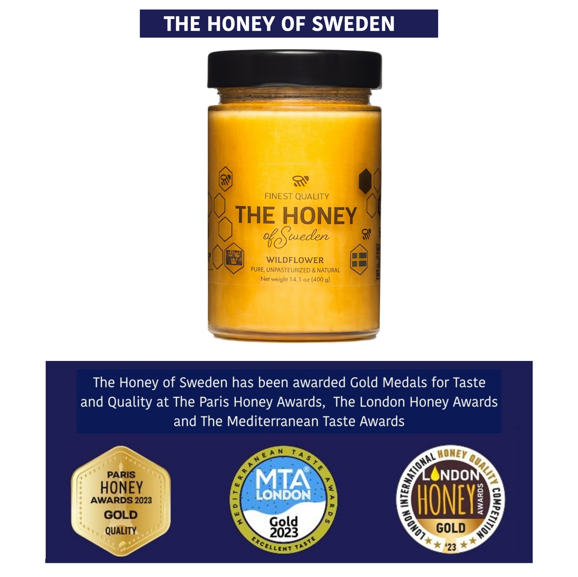 Jar of award-winning wildflower honey from The Honey of Sweden, showcasing gold medals for taste and quality.