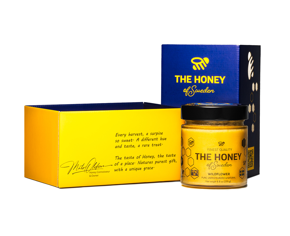 Yellow and blue packaging featuring premium Swedish honey from The Honey of Sweden.